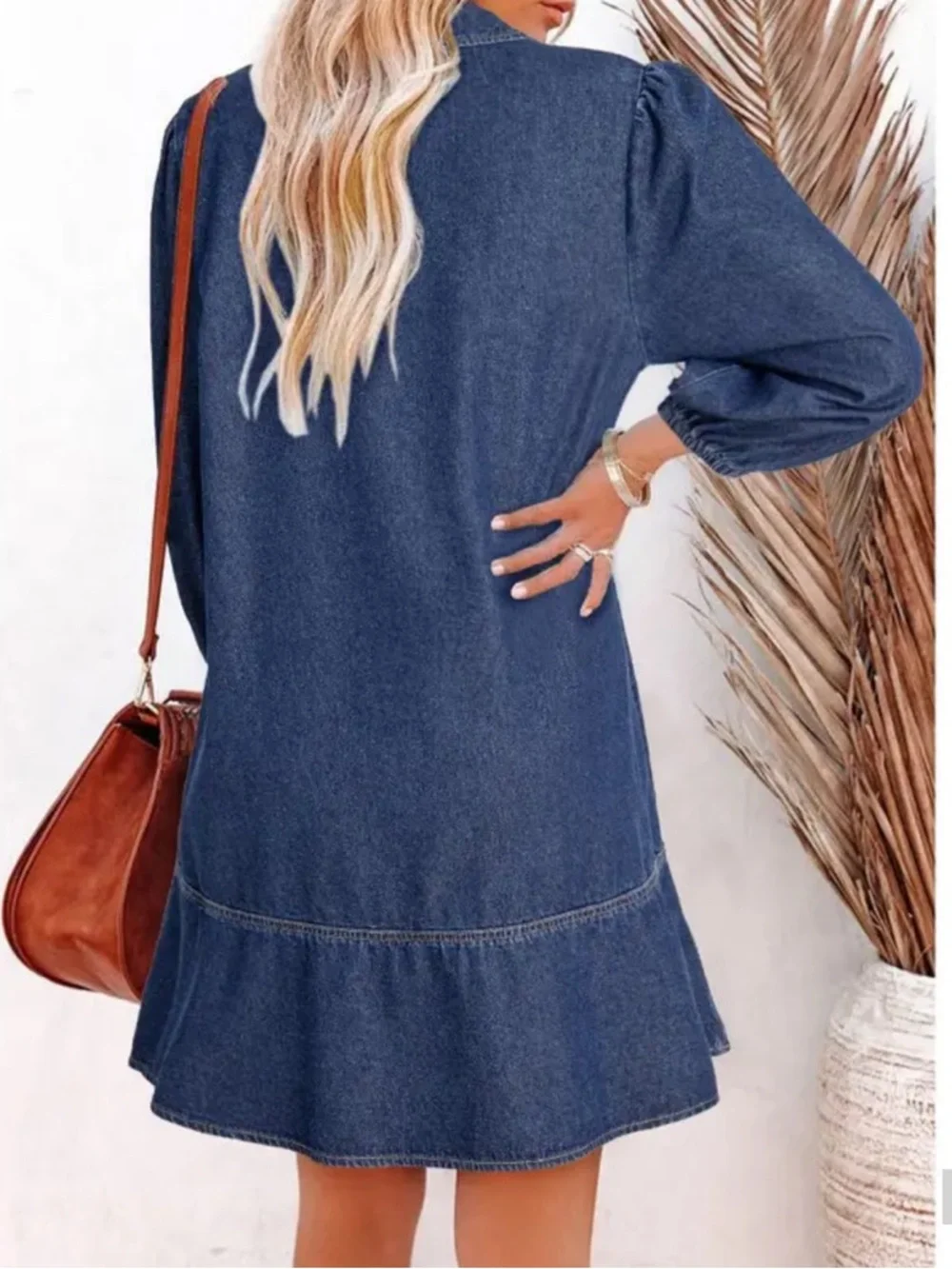 Denim Dress for Women Summer Casual Babydoll 2026 V Neck 3/4 Puff Sleeve Jean XL - Picture 2 of 2